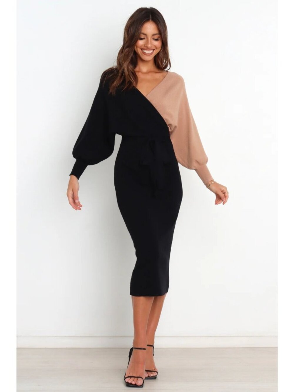 Fashion Nova Mona Colorblock Sweater Midi Dress Size XS Long Sleeve Black Tan